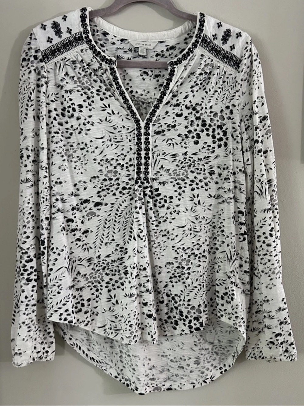 Lucky Brand Embroidered Floral Long Sleeve Top Womens Small Cotton Boho Peasant